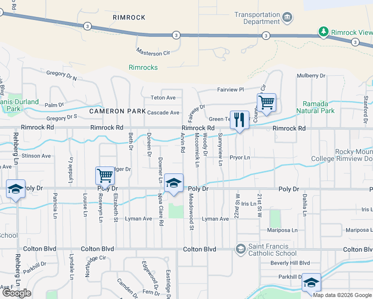 map of restaurants, bars, coffee shops, grocery stores, and more near 2849-2889 Arvin Road in Billings