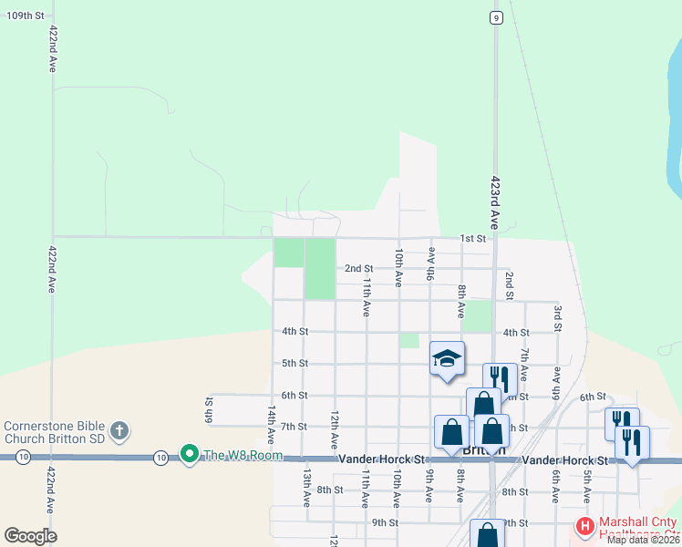 map of restaurants, bars, coffee shops, grocery stores, and more near 101-199 12th Avenue in Britton
