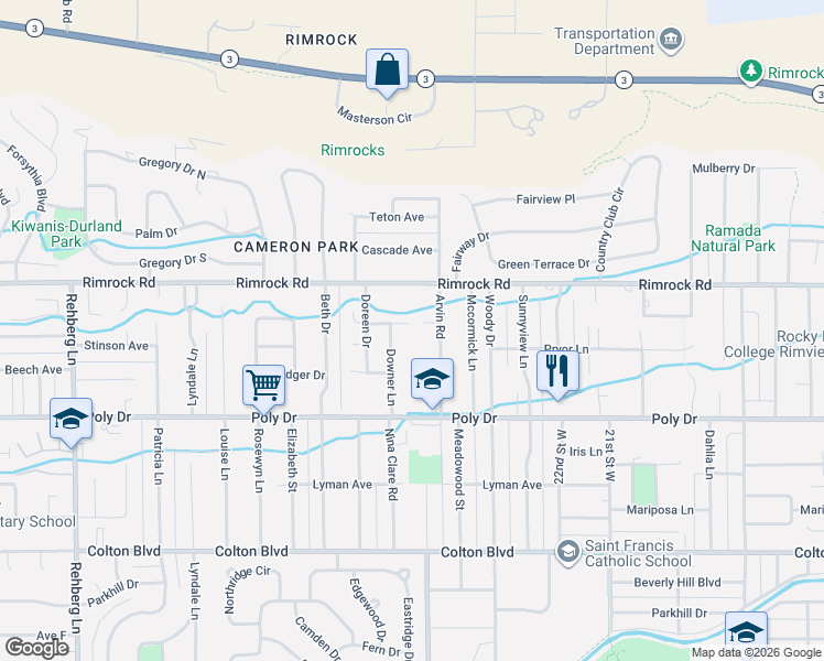 map of restaurants, bars, coffee shops, grocery stores, and more near 2438 Rimrock Rd in Billings