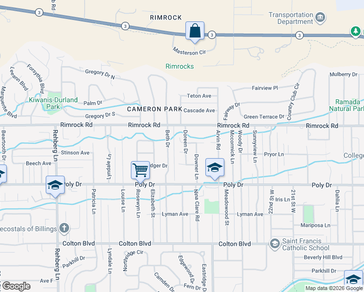 map of restaurants, bars, coffee shops, grocery stores, and more near 2917 Doreen Drive in Billings
