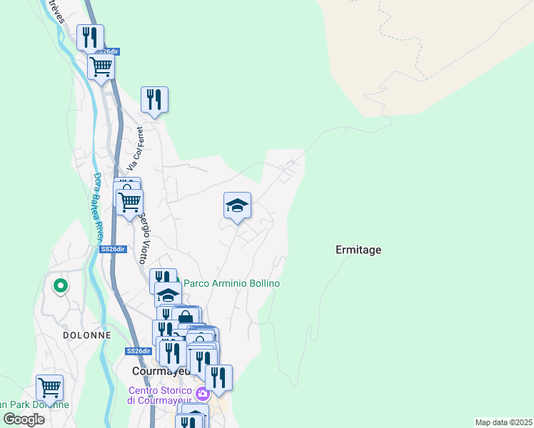 map of restaurants, bars, coffee shops, grocery stores, and more near 31 Strada per Plan Gorret in Courmayeur