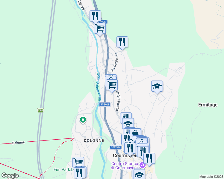 map of restaurants, bars, coffee shops, grocery stores, and more near 28 Via dei Bagni in Courmayeur