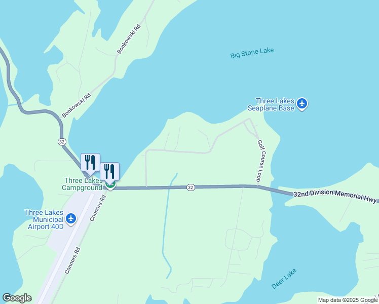map of restaurants, bars, coffee shops, grocery stores, and more near 940 Golf Course Loop Road in Three Lakes