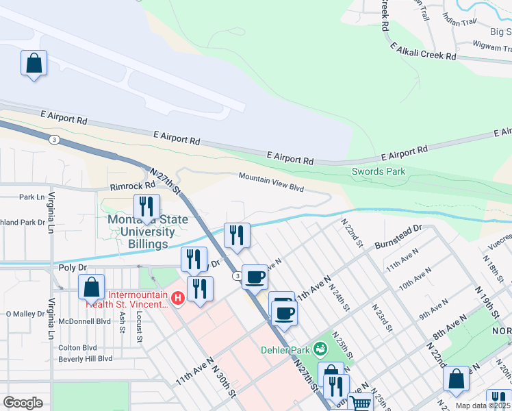 map of restaurants, bars, coffee shops, grocery stores, and more near 68 Mountain View Boulevard in Billings