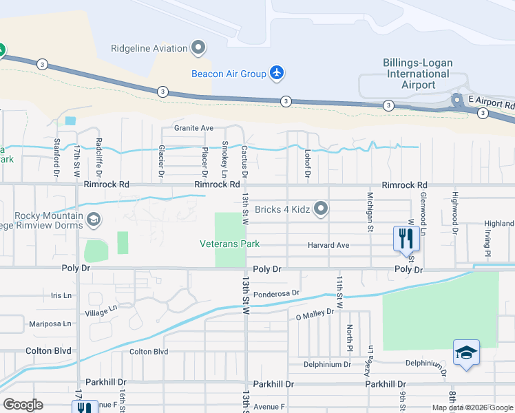 map of restaurants, bars, coffee shops, grocery stores, and more near 1225 Yale Avenue in Billings