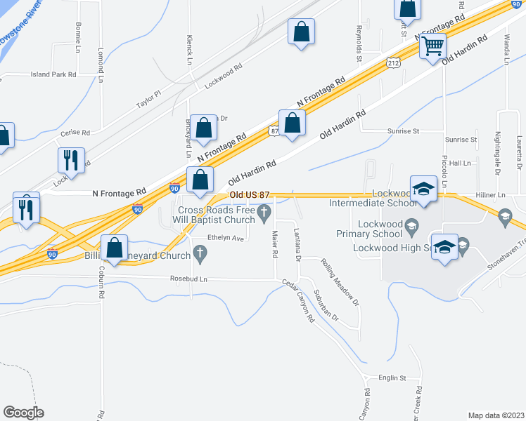 map of restaurants, bars, coffee shops, grocery stores, and more near 16 Maier Road in Billings
