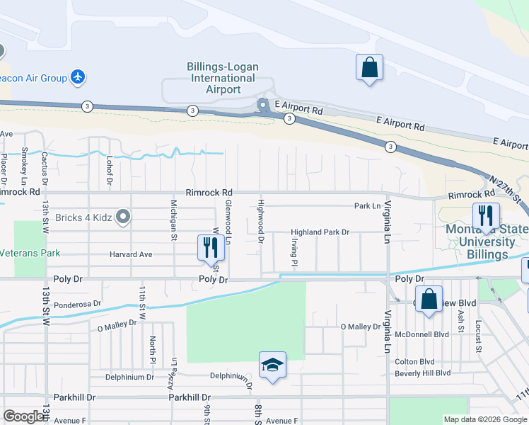 map of restaurants, bars, coffee shops, grocery stores, and more near 2727 Highwood Drive in Billings