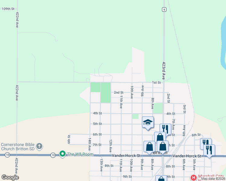 map of restaurants, bars, coffee shops, grocery stores, and more near 101-199 12th Avenue in Britton