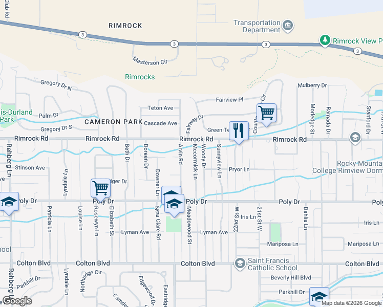 map of restaurants, bars, coffee shops, grocery stores, and more near 2849-2889 Arvin Road in Billings