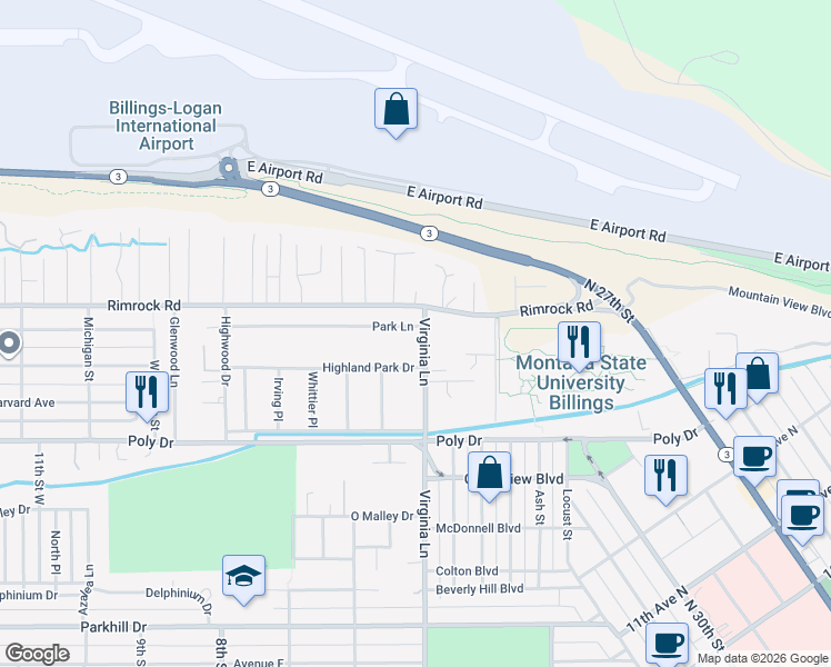 map of restaurants, bars, coffee shops, grocery stores, and more near 500-516 Park Ln in Billings