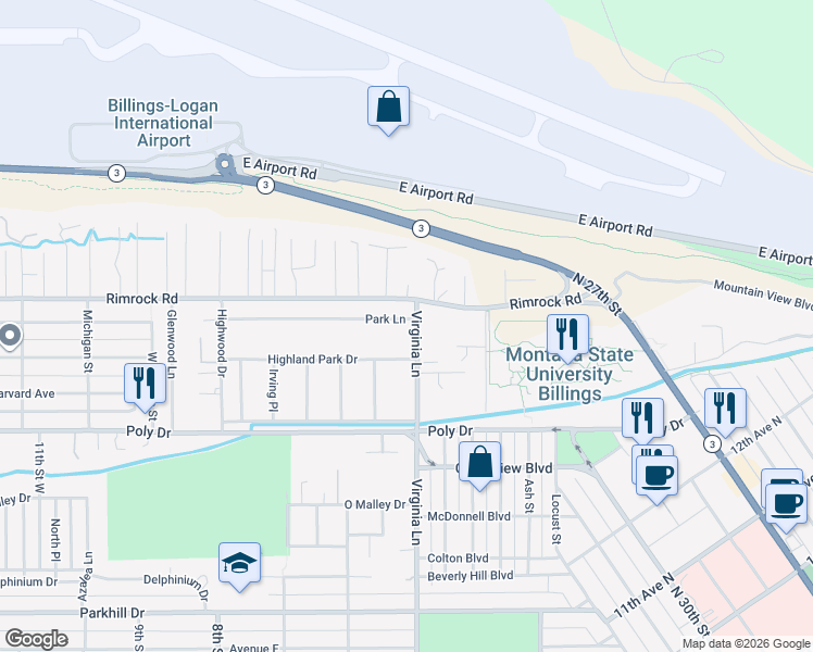 map of restaurants, bars, coffee shops, grocery stores, and more near 500-516 Park Ln in Billings
