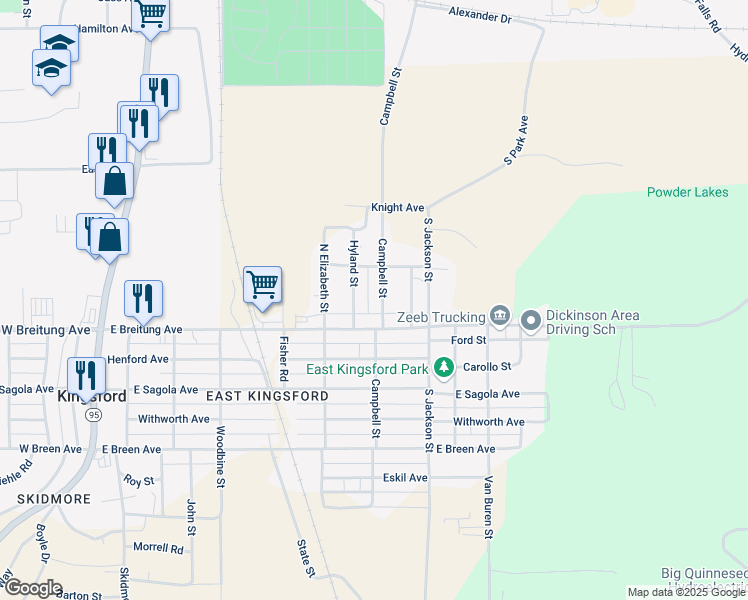 map of restaurants, bars, coffee shops, grocery stores, and more near 125 Hyland Street in Kingsford