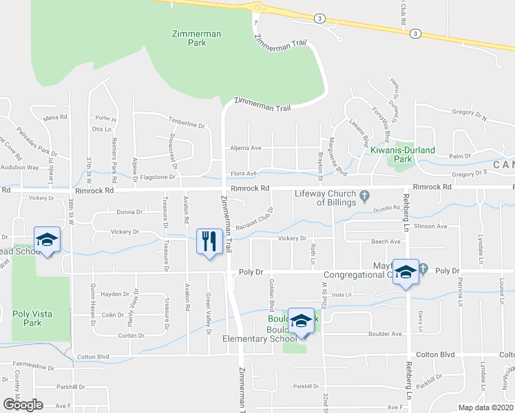 map of restaurants, bars, coffee shops, grocery stores, and more near 3363 Racquet Club Drive in Billings