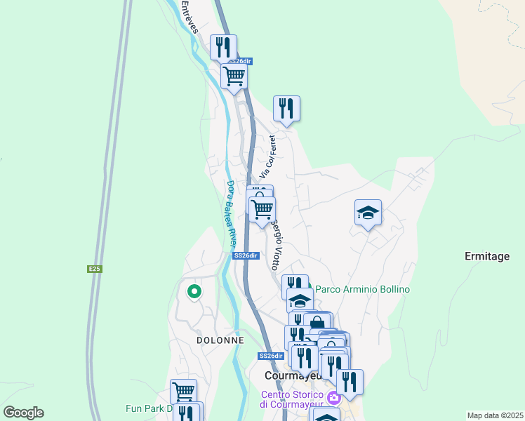 map of restaurants, bars, coffee shops, grocery stores, and more near 28 Via dei Bagni in Courmayeur