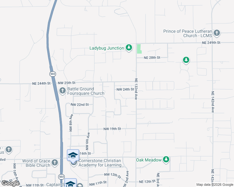 map of restaurants, bars, coffee shops, grocery stores, and more near 24116 Northeast 132nd Avenue in Battle Ground