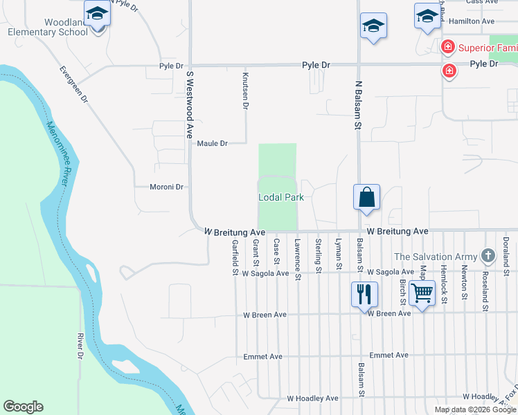 map of restaurants, bars, coffee shops, grocery stores, and more near Lodal Park in Kingsford