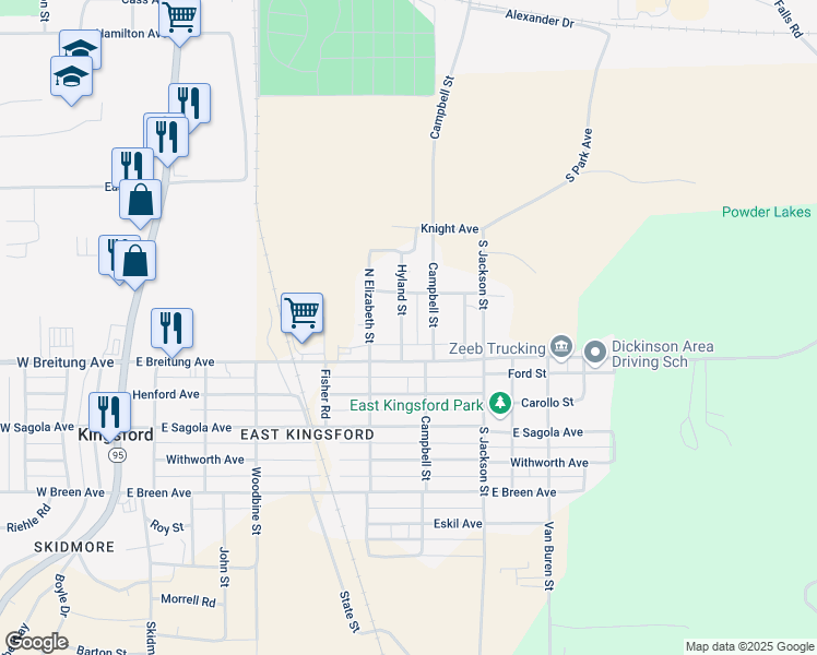 map of restaurants, bars, coffee shops, grocery stores, and more near 125 Hyland Street in Kingsford