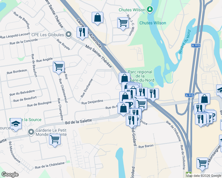 map of restaurants, bars, coffee shops, grocery stores, and more near Terrasse Bon Air in Saint-Jérôme