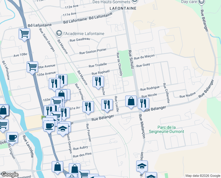 map of restaurants, bars, coffee shops, grocery stores, and more near 74 Rue Comtesse in Saint-Jérôme