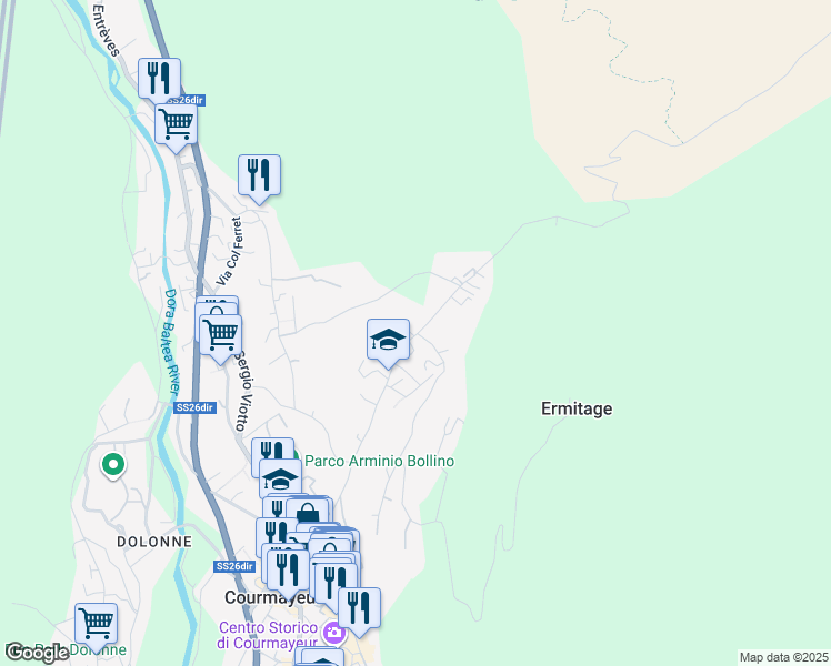 map of restaurants, bars, coffee shops, grocery stores, and more near 31 Strada per Plan Gorret in Courmayeur