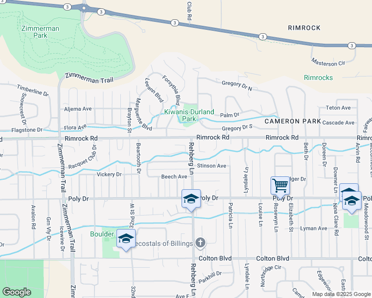 map of restaurants, bars, coffee shops, grocery stores, and more near 3023 Ocotillo Road in Billings