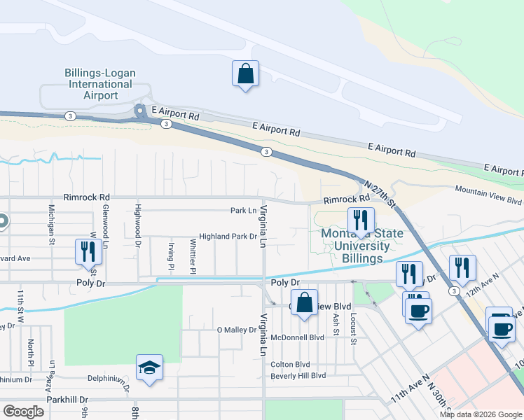 map of restaurants, bars, coffee shops, grocery stores, and more near 500 Park Lane in Billings