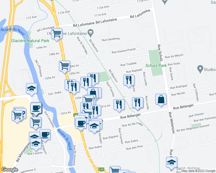 map of restaurants, bars, coffee shops, grocery stores, and more near 2047 Rue Fournier in Saint-Jérôme