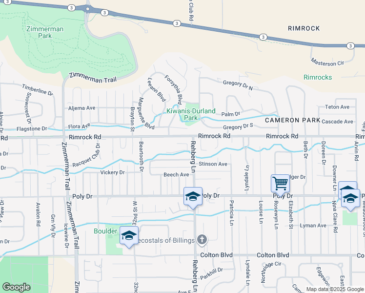 map of restaurants, bars, coffee shops, grocery stores, and more near 3023 Ocotillo Road in Billings