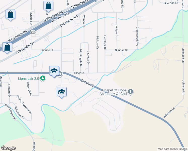 map of restaurants, bars, coffee shops, grocery stores, and more near 2208 Hillner Lane in Billings