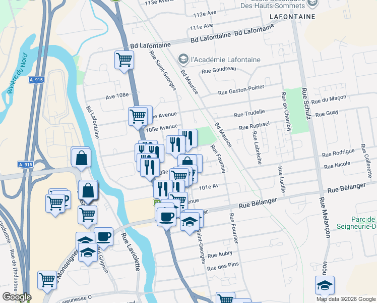 map of restaurants, bars, coffee shops, grocery stores, and more near 2055 Rue Saint-Georges in Saint-Jã©Rã´Me