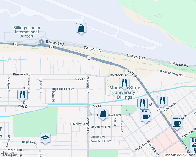 map of restaurants, bars, coffee shops, grocery stores, and more near 424 Rimrock Road in Billings