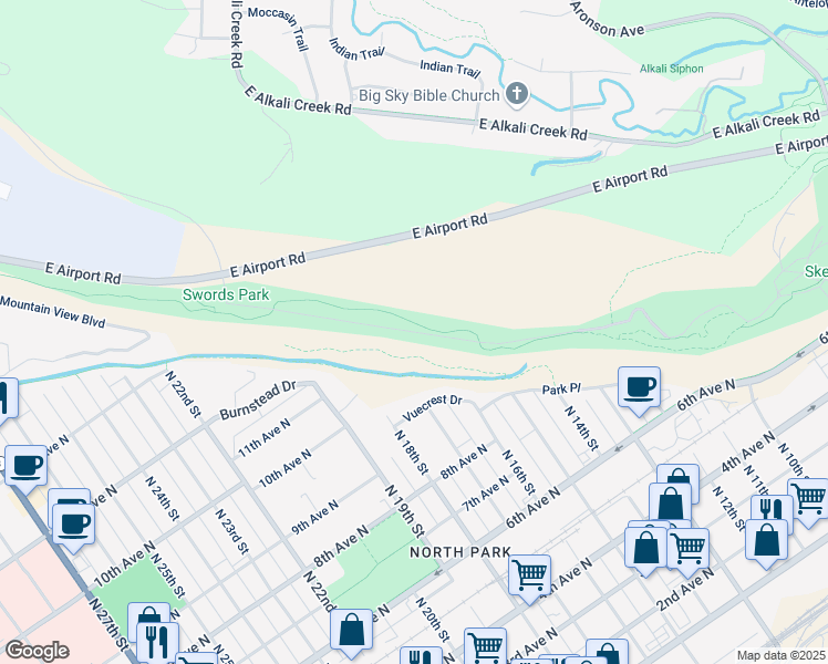 map of restaurants, bars, coffee shops, grocery stores, and more near Chief Black Otter Trail in Billings