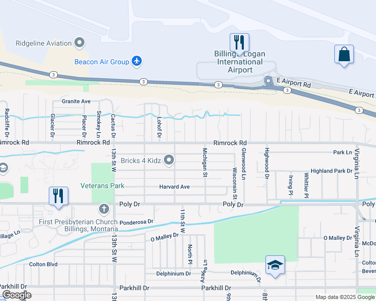 map of restaurants, bars, coffee shops, grocery stores, and more near 1029 Yale Avenue in Billings