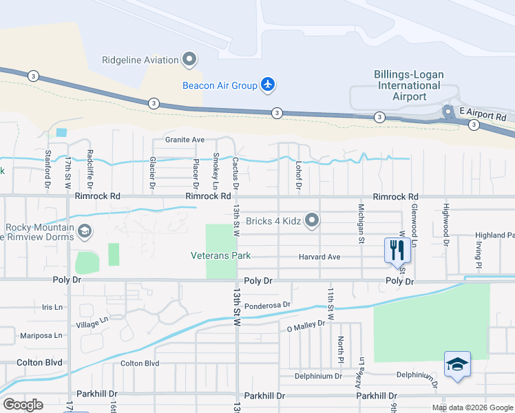 map of restaurants, bars, coffee shops, grocery stores, and more near 1225 Yale Avenue in Billings