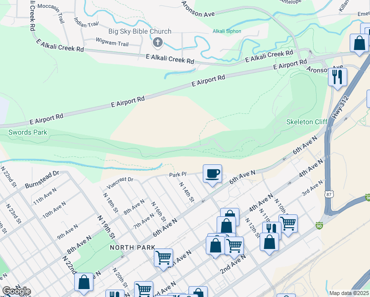 map of restaurants, bars, coffee shops, grocery stores, and more near Chief Black Otter Trail in Billings