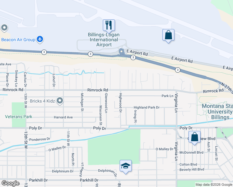 map of restaurants, bars, coffee shops, grocery stores, and more near 2727 Highwood Drive in Billings
