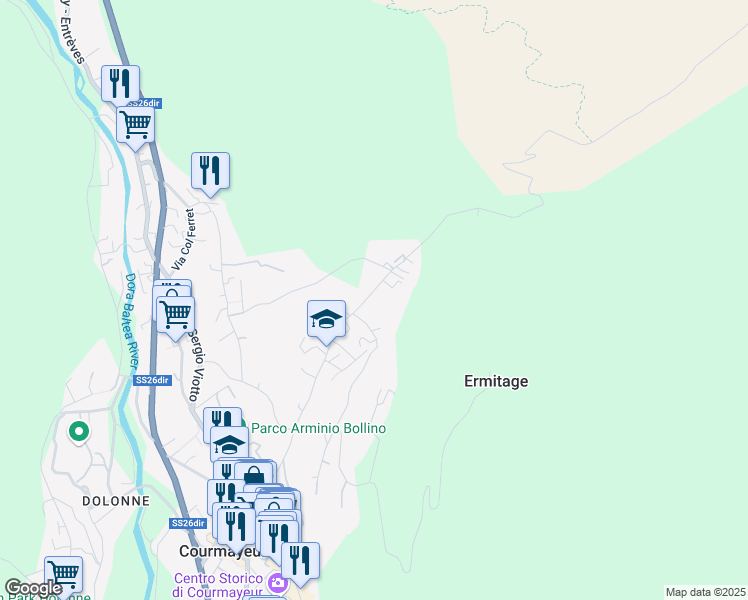 map of restaurants, bars, coffee shops, grocery stores, and more near 45 Strada del Villair in Courmayeur