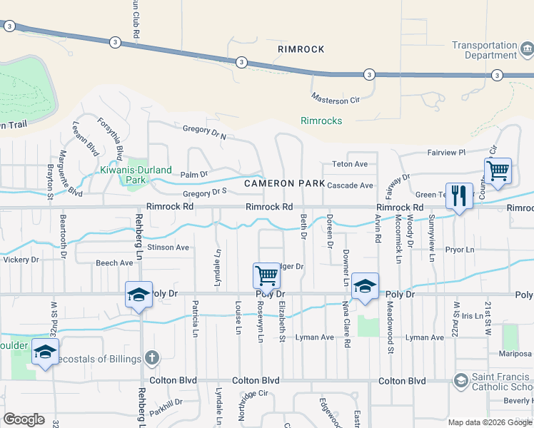 map of restaurants, bars, coffee shops, grocery stores, and more near 2710 Rimrock Road in Billings
