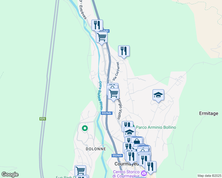 map of restaurants, bars, coffee shops, grocery stores, and more near 28 Via dei Bagni in Courmayeur