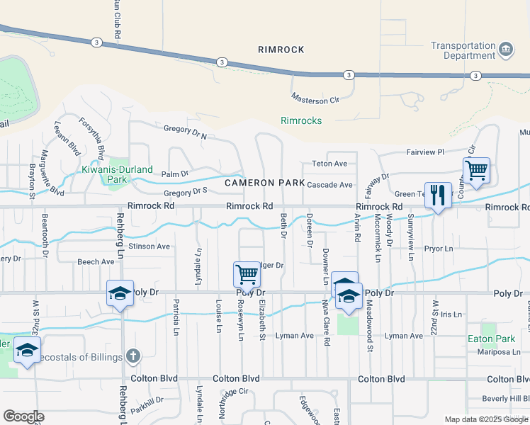 map of restaurants, bars, coffee shops, grocery stores, and more near 2631 North Bridger Drive in Billings