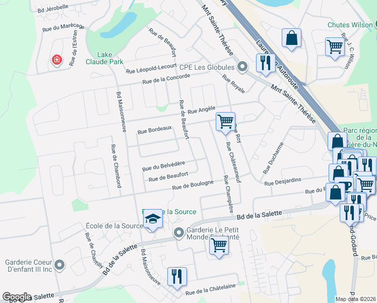 map of restaurants, bars, coffee shops, grocery stores, and more near 1978 Rue de Beaufort in Saint-Jérôme