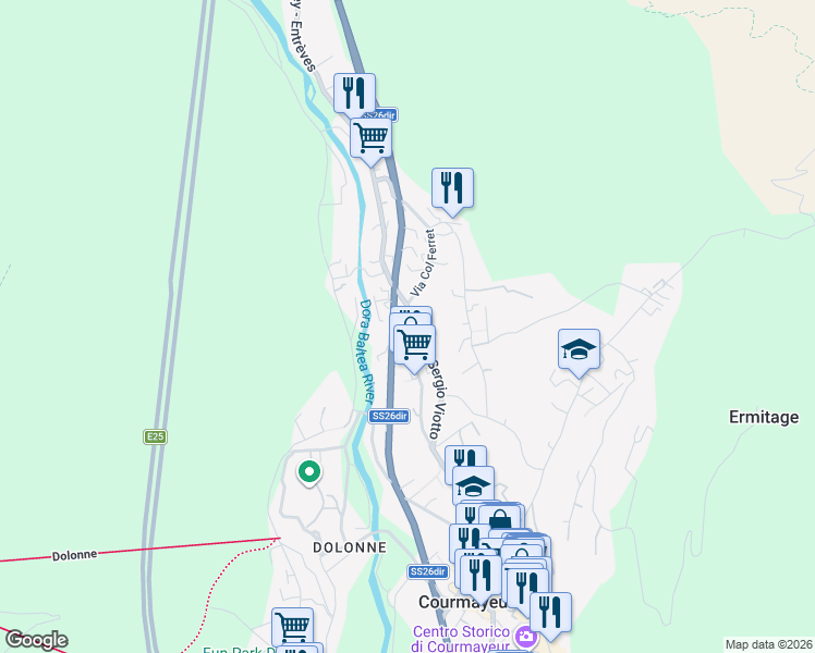 map of restaurants, bars, coffee shops, grocery stores, and more near 2 Strada Larzey - Entreves in Courmayeur