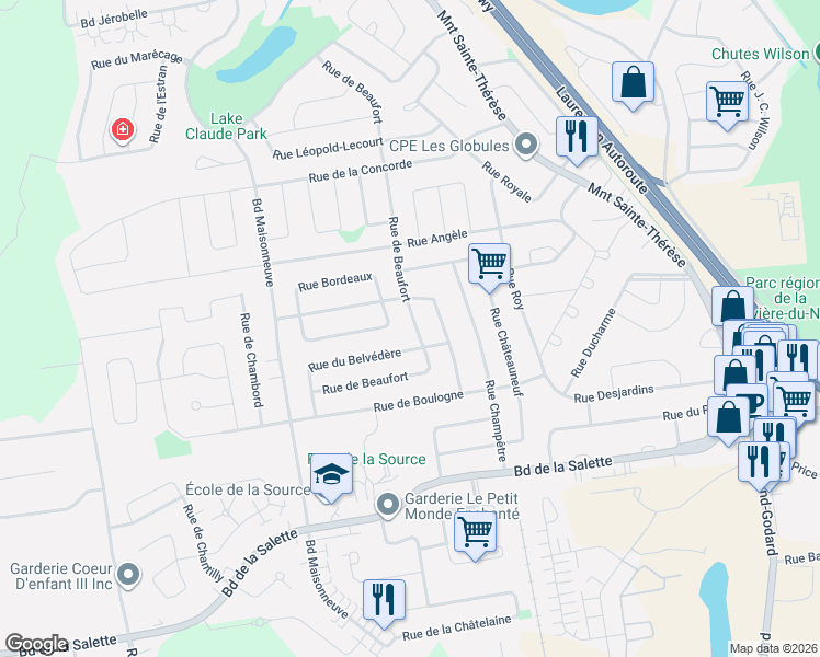 map of restaurants, bars, coffee shops, grocery stores, and more near 1978 Rue de Beaufort in Saint-Jérôme