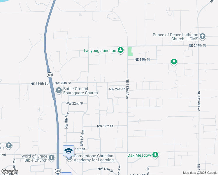 map of restaurants, bars, coffee shops, grocery stores, and more near 24116 Northeast 132nd Avenue in Battle Ground