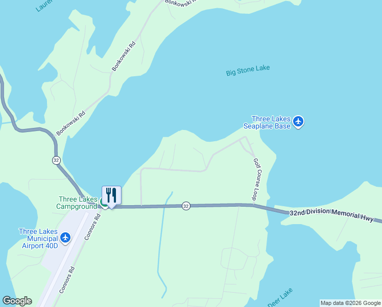map of restaurants, bars, coffee shops, grocery stores, and more near 940 Golf Course Loop Road in Three Lakes