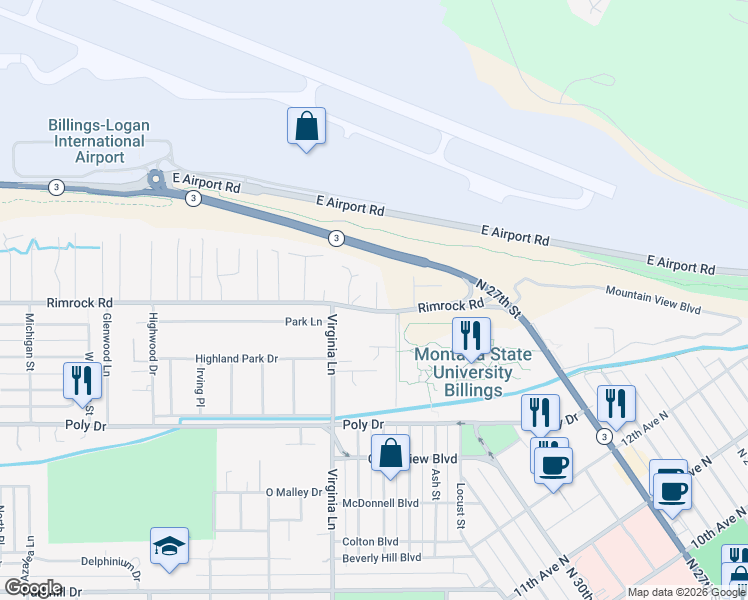 map of restaurants, bars, coffee shops, grocery stores, and more near 424 Rimrock Road in Billings