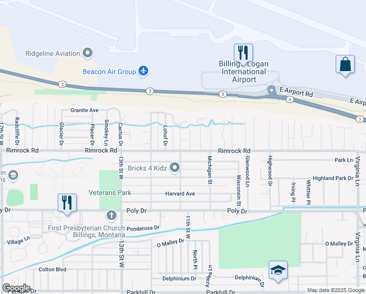 map of restaurants, bars, coffee shops, grocery stores, and more near 2901 Joan Drive in Billings