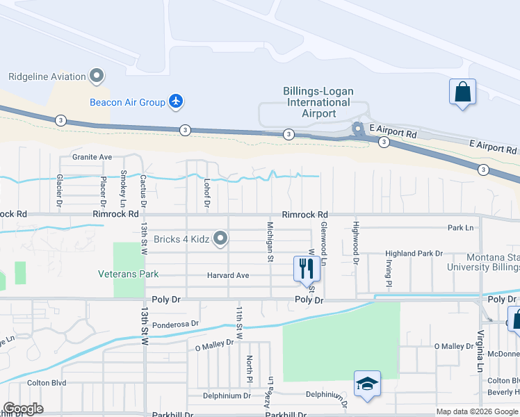map of restaurants, bars, coffee shops, grocery stores, and more near 1009 Rimrock Road in Billings