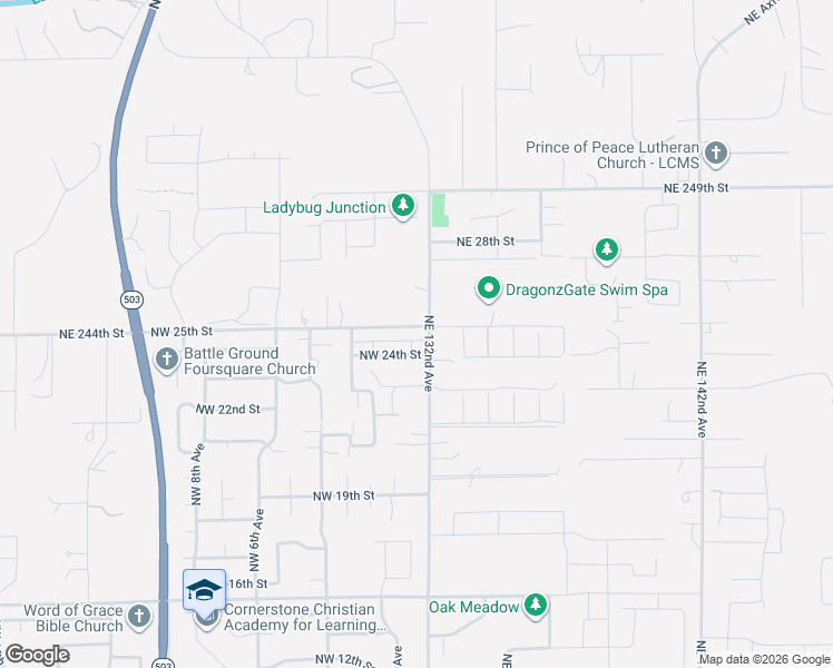 map of restaurants, bars, coffee shops, grocery stores, and more near 17 Northwest 25th Street in Battle Ground