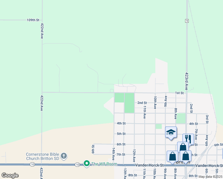 map of restaurants, bars, coffee shops, grocery stores, and more near 1402 1st Street in Britton